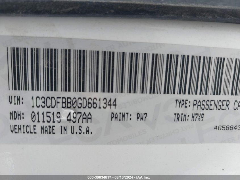 2016 Dodge Dart Sxt VIN: 1C3CDFBB0GD661344 Lot: 39634817