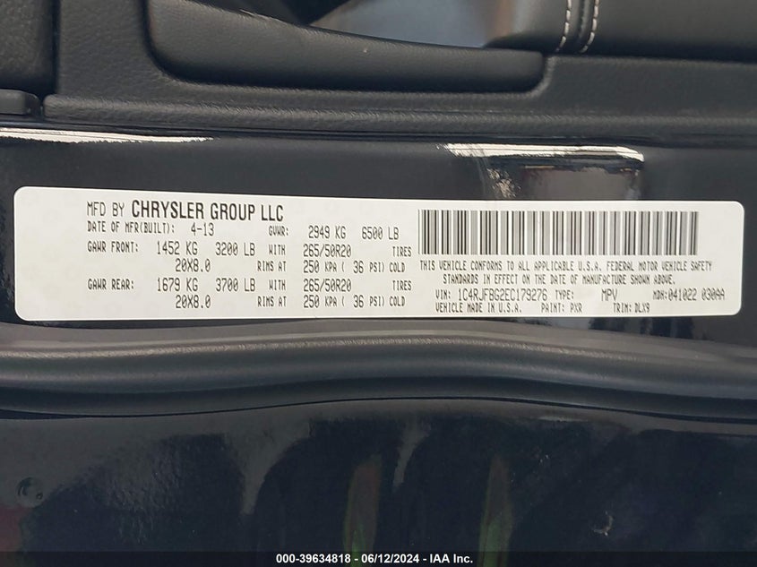 2014 Jeep Grand Cherokee Limited VIN: 1C4RJFBG2EC179276 Lot: 39634818