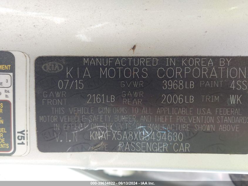 2016 Kia Forte Lx VIN: KNAFX5A8XG5494630 Lot: 39634822