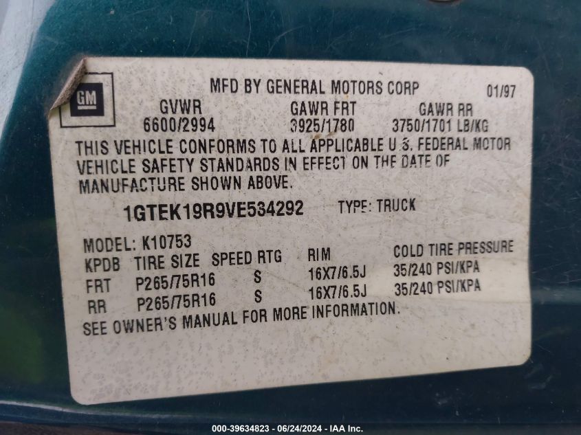 1997 GMC Sierra 1500 Sl Wideside VIN: 1GTEK19R9VE534292 Lot: 39634823