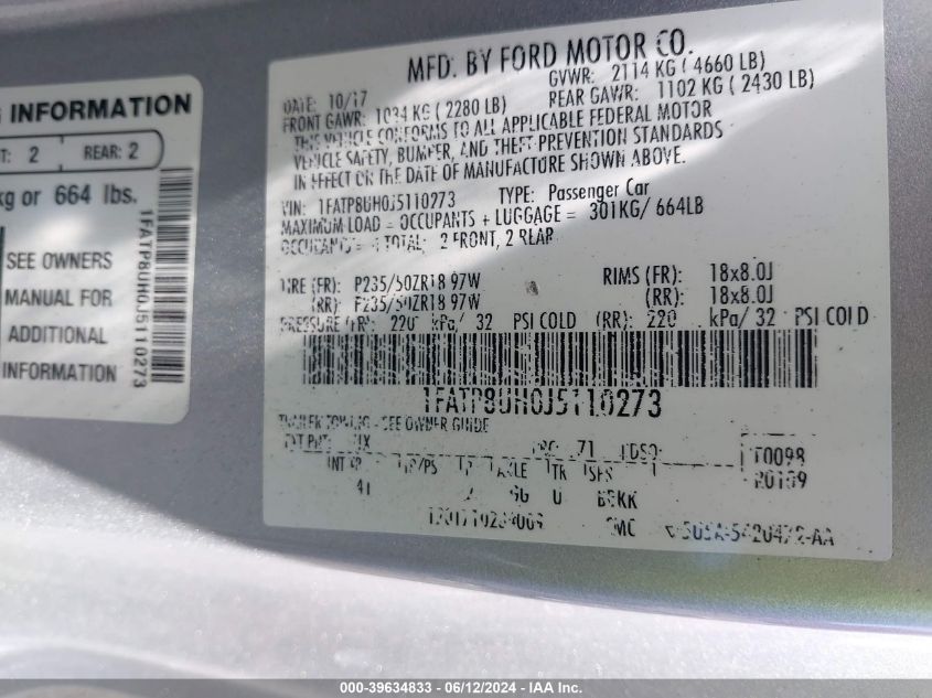 2018 Ford Mustang Ecoboost Premium VIN: 1FATP8UH0J5110273 Lot: 39634833