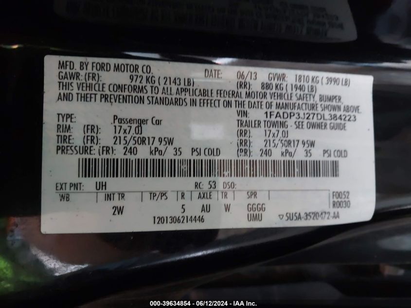 2013 Ford Focus Titanium VIN: 1FADP3J27DL384223 Lot: 39634854