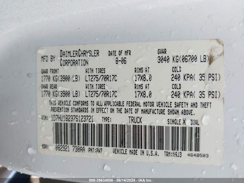 2007 Dodge Ram 1500 Slt/Trx4 Off Road/Sport VIN: 1D7HU18237S123721 Lot: 39634856