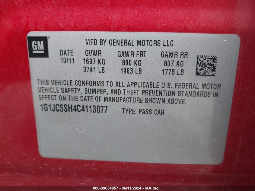 2012 Chevrolet Sonic 2Lt VIN: 1G1JC5SH4C4113077 Lot: 39634857