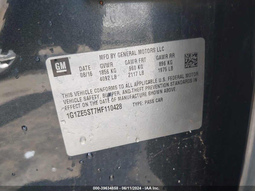 2017 Chevrolet Malibu 1Lt VIN: 1G1ZE5ST7HF110428 Lot: 39634858