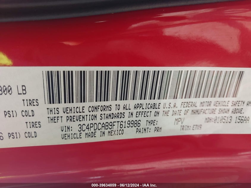 2015 Dodge Journey Se VIN: 3C4PDCAB9FT619986 Lot: 39634859