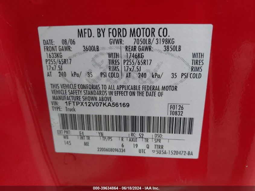 2007 Ford F-150 Lariat/Stx/Xl/Xlt VIN: 1FTPX12V07KA56169 Lot: 39634864