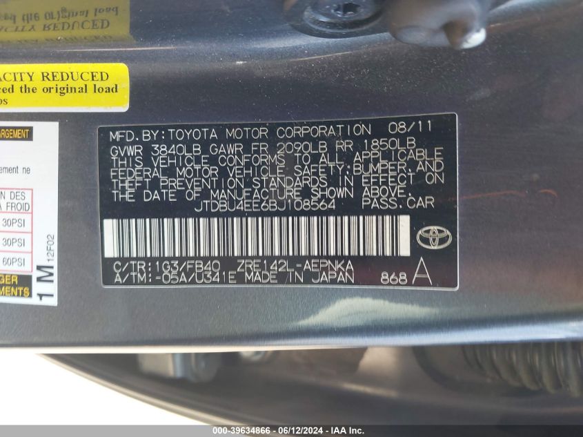 2011 Toyota Corolla Le VIN: JTDBU4EE6BJ108564 Lot: 39634866