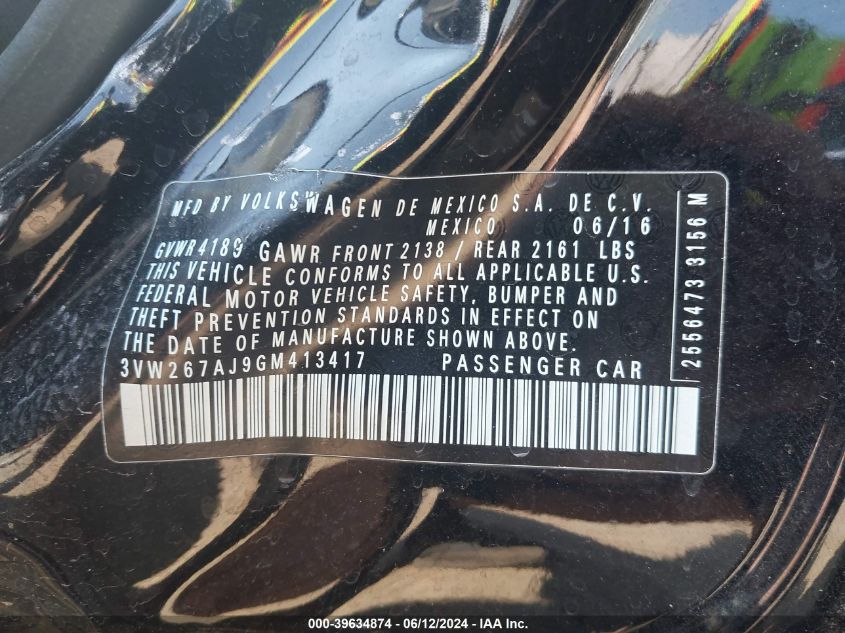 2016 Volkswagen Jetta 1.4T S VIN: 3VW267AJ9GM413417 Lot: 39634874