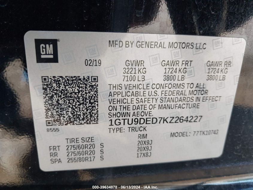 2019 GMC Sierra 1500 Slt VIN: 1GTU9DED7KZ264227 Lot: 39634878