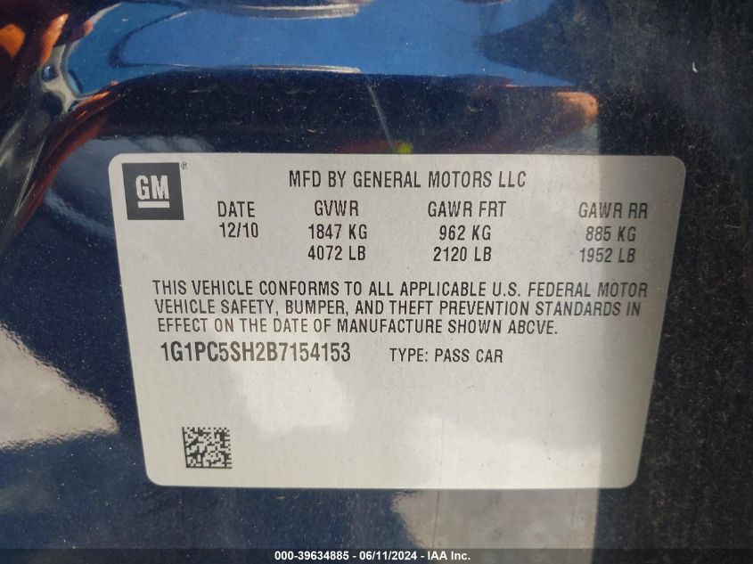 2011 Chevrolet Cruze Ls VIN: 1G1PC5SH2B7154153 Lot: 39634885