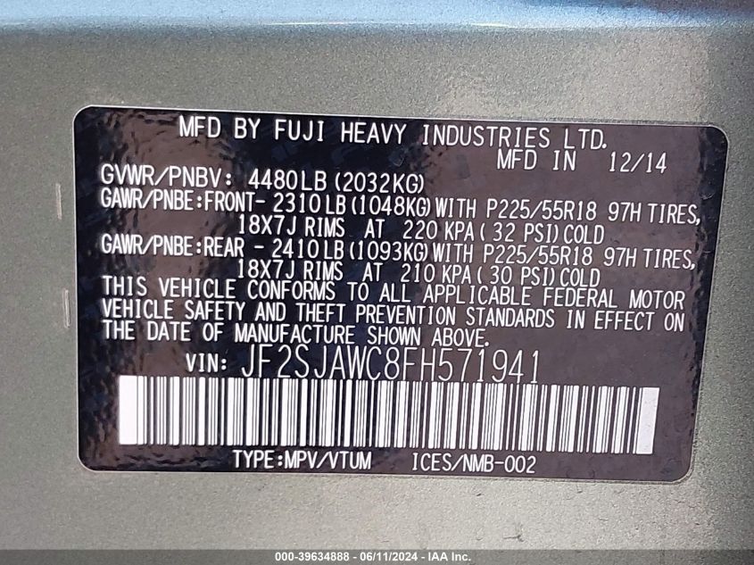 2015 Subaru Forester 2.5I Touring VIN: JF2SJAWC8FH571941 Lot: 39634888