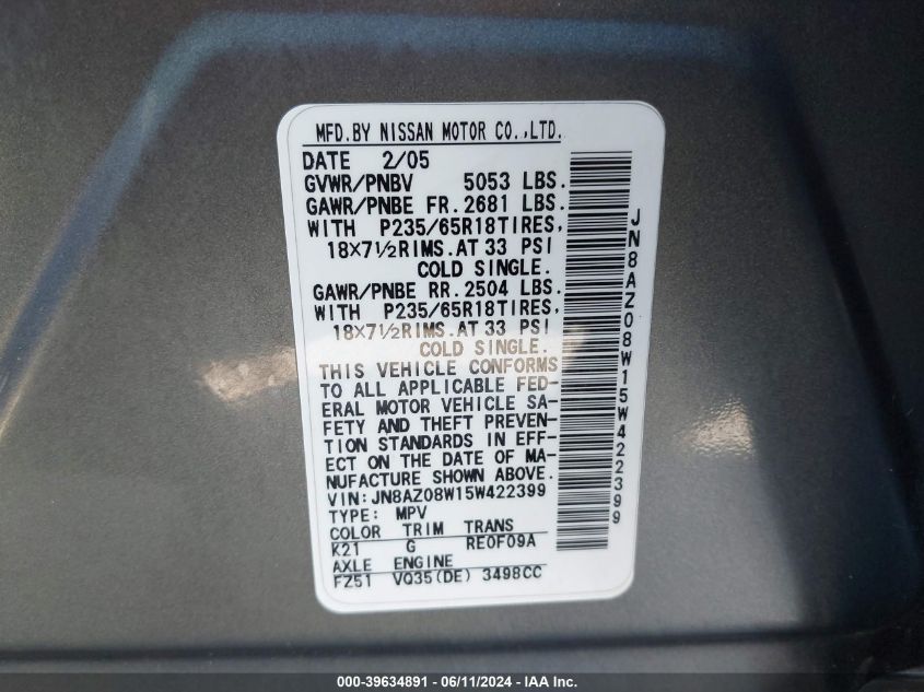 2005 Nissan Murano Sl VIN: JN8AZ08W15W422399 Lot: 39634891