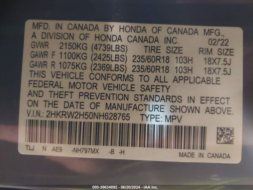 2022 Honda Cr-V Awd Ex VIN: 2HKRW2H50NH628765 Lot: 39634892