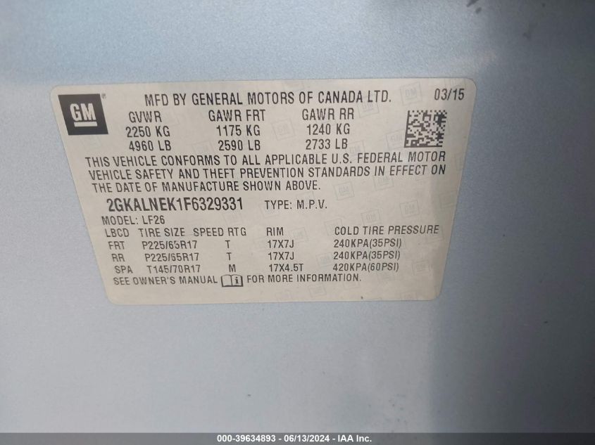 2015 GMC Terrain Sl VIN: 2GKALNEK1F6329331 Lot: 39634893