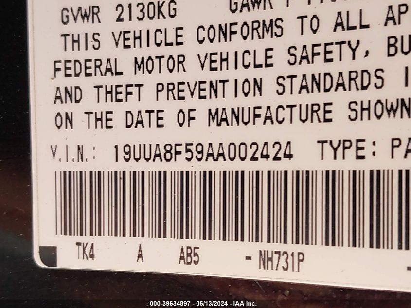 2010 Acura Tl 3.5 VIN: 19UUA8F59AA002424 Lot: 39634897