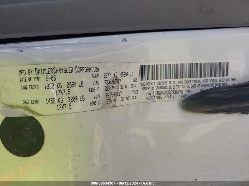 2006 Jeep Grand Cherokee Laredo VIN: 1J4GR48KX6C330070 Lot: 39634907