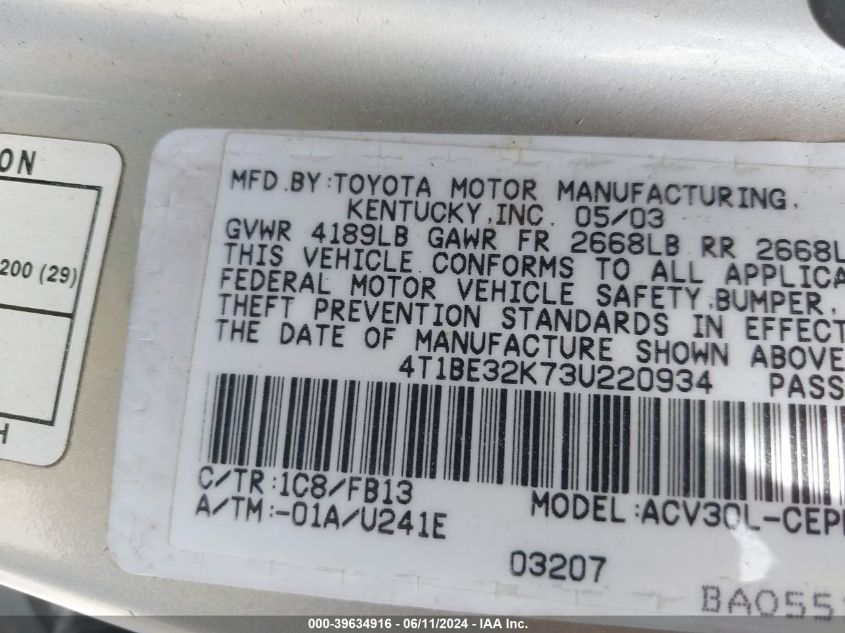 2003 Toyota Camry Le VIN: 4T1BE32K73U220934 Lot: 39634916