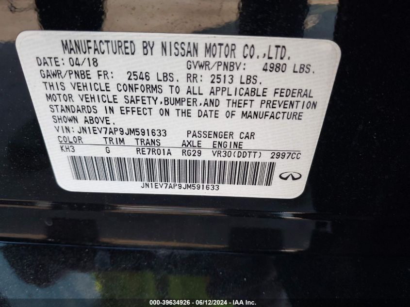 2018 Infiniti Q50 3.0T Luxe VIN: JN1EV7AP9JM591633 Lot: 39634926