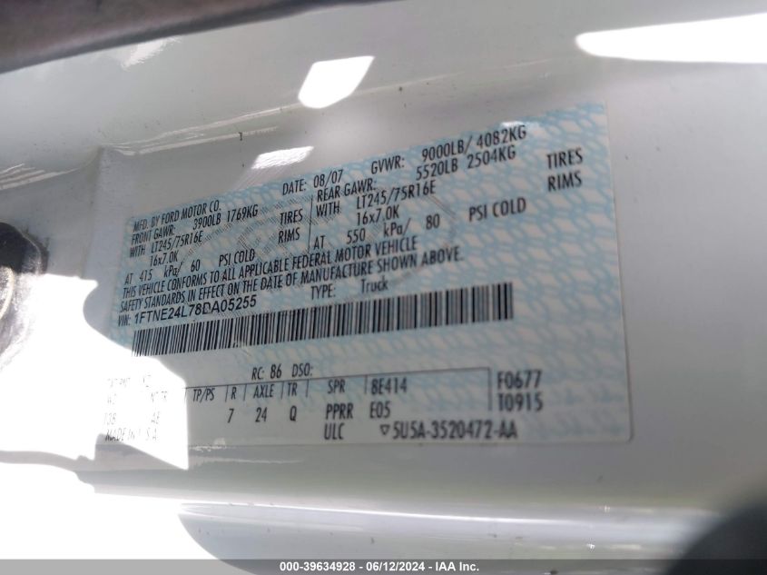2008 Ford E-250 Commercial/Recreational VIN: 1FTNE24L78DA05255 Lot: 39634928