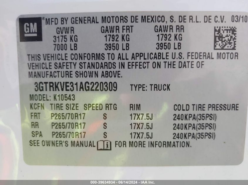 2010 GMC Sierra 1500 Sle VIN: 3GTRKVE31AG220309 Lot: 39634934