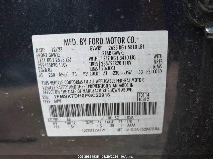 2023 Ford Explorer Xlt VIN: 1FMSK7DH0PGC22918 Lot: 39634935