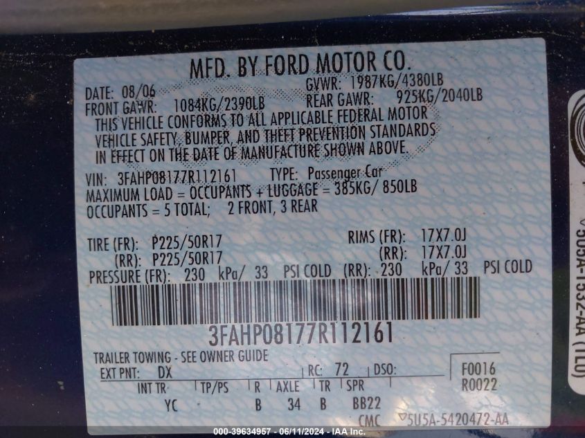2007 Ford Fusion Sel VIN: 3FAHP08177R112161 Lot: 39634957