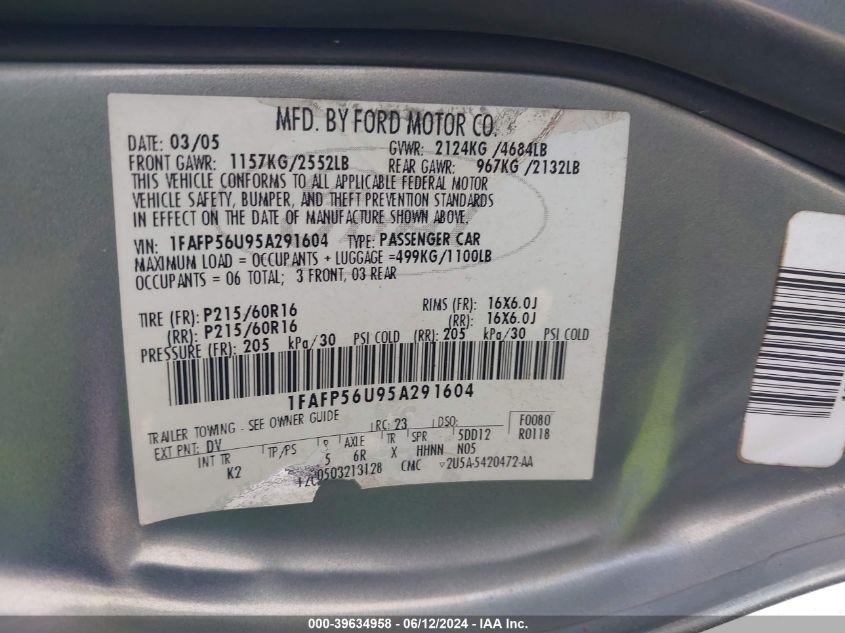 2005 Ford Taurus Sel VIN: 1FAFP56U95A291604 Lot: 39634958