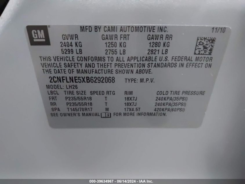 2011 Chevrolet Equinox 2Lt VIN: 2CNFLNE5XB6292068 Lot: 39634967