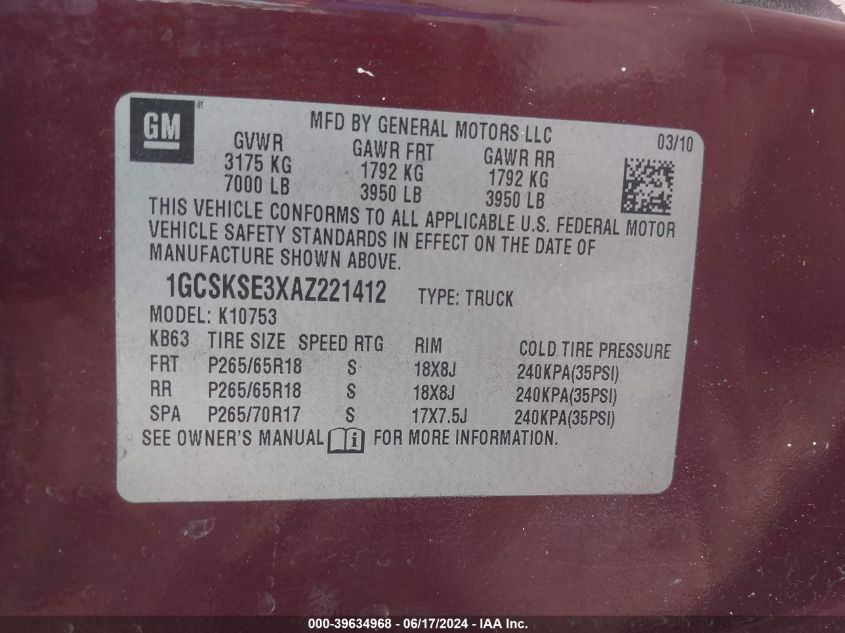 2010 Chevrolet Silverado 1500 K1500 Lt VIN: 1GCSKSE3XAZ221412 Lot: 39634968