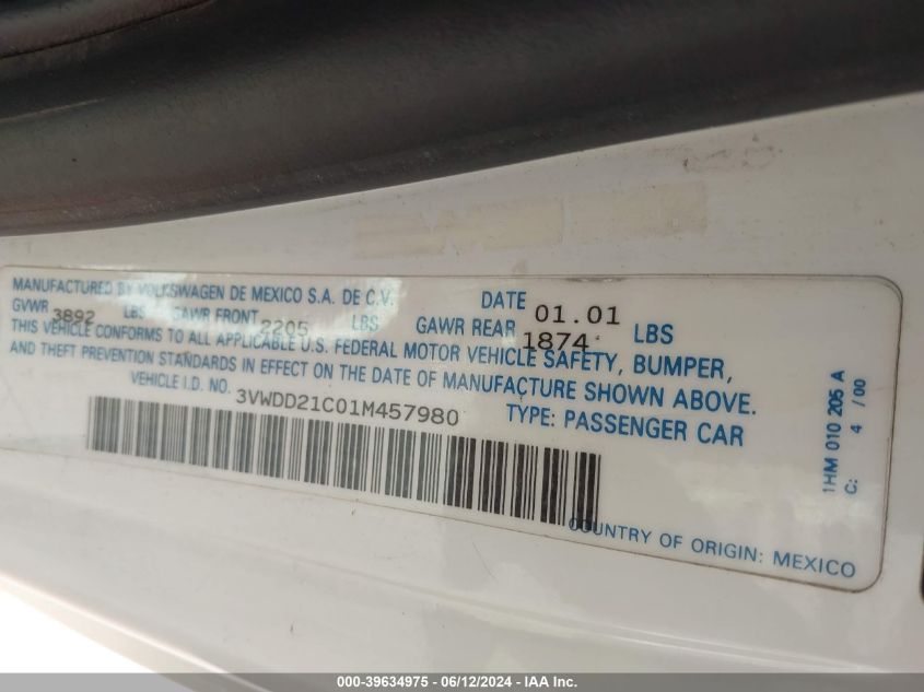 2001 Volkswagen New Beetle Glx VIN: 3VWDD21CO1M457980 Lot: 39634975