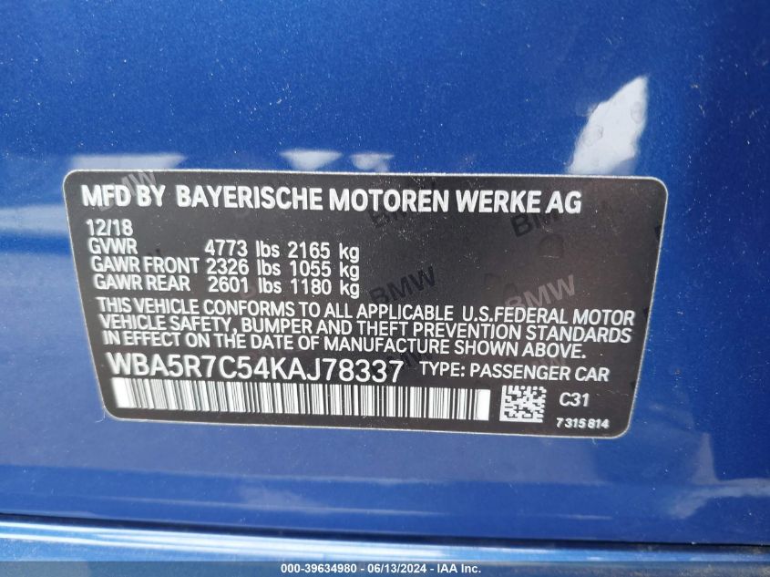 2019 BMW 330I xDrive VIN: WBA5R7C54KAJ78337 Lot: 39634980