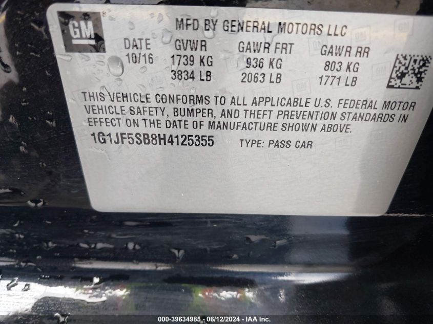 2017 Chevrolet Sonic Premier Auto VIN: 1G1JF5SB8H4125355 Lot: 39634985