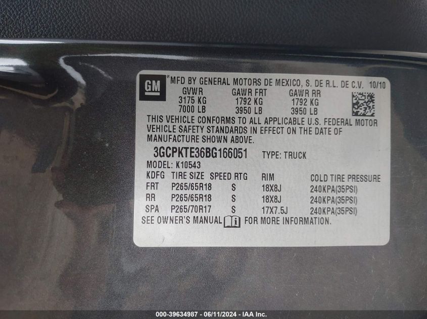 2011 Chevrolet Silverado 1500 Ltz VIN: 3GCPKTE36BG166051 Lot: 39634987