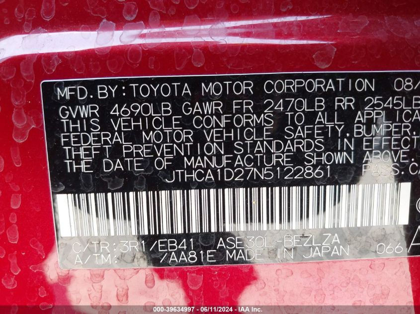 2022 Lexus Is 300 VIN: JTHCA1D27N5122861 Lot: 39634997