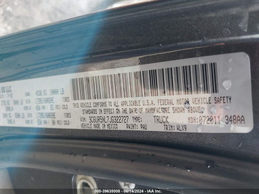 2018 Ram 2500 Laramie Mega Cab 4X4 6'4 Box VIN: 3C6UR5NL7JG322727 Lot: 39635008