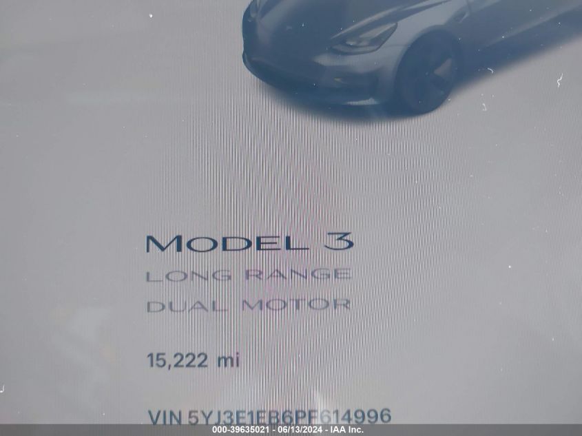 2023 Tesla Model 3 Long Range Dual Motor All-Wheel Drive VIN: 5YJ3E1EB6PF614996 Lot: 39635021