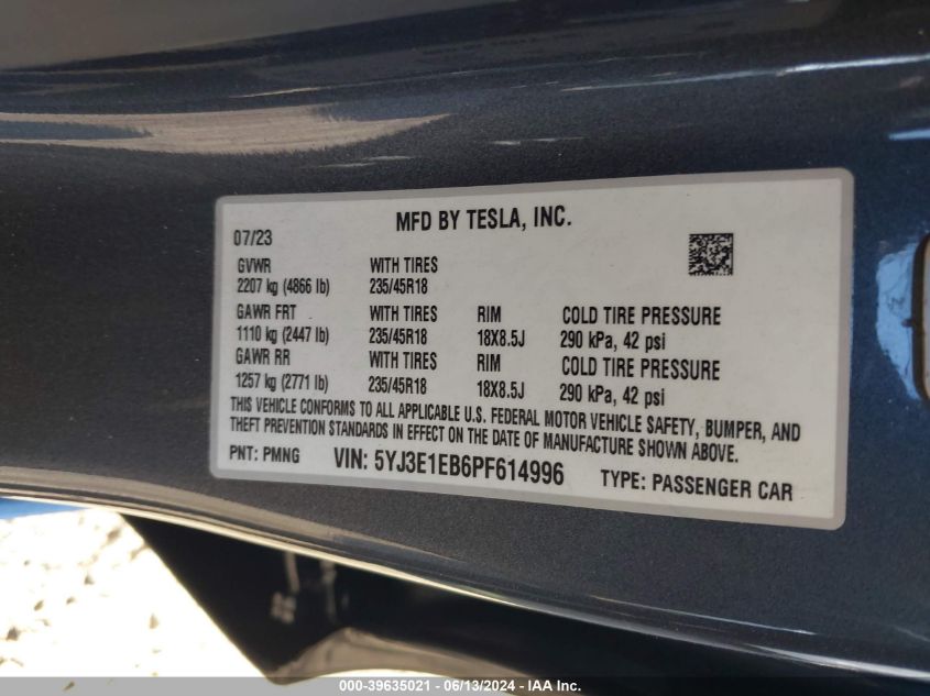 2023 Tesla Model 3 Long Range Dual Motor All-Wheel Drive VIN: 5YJ3E1EB6PF614996 Lot: 39635021