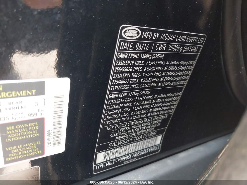 2016 Land Rover Range Rover Sport 3.0L V6 Supercharged Hse VIN: SALWS2PF1GA101989 Lot: 39635025