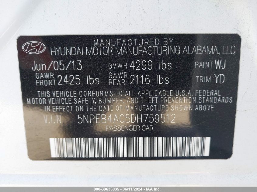 5NPEB4AC5DH759512 2013 Hyundai Sonata Gls