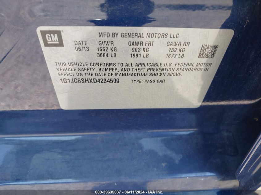 2013 Chevrolet Sonic Lt Auto VIN: 1G1JC6SHXD4234509 Lot: 39635037