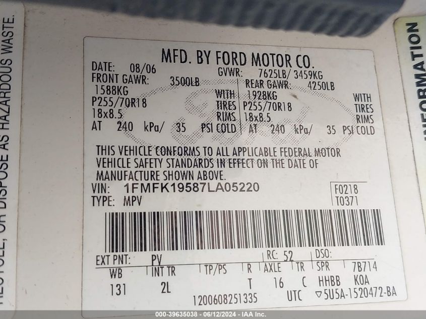 2007 Ford Expedition El Limited VIN: 1FMFK19587LA05220 Lot: 39635038