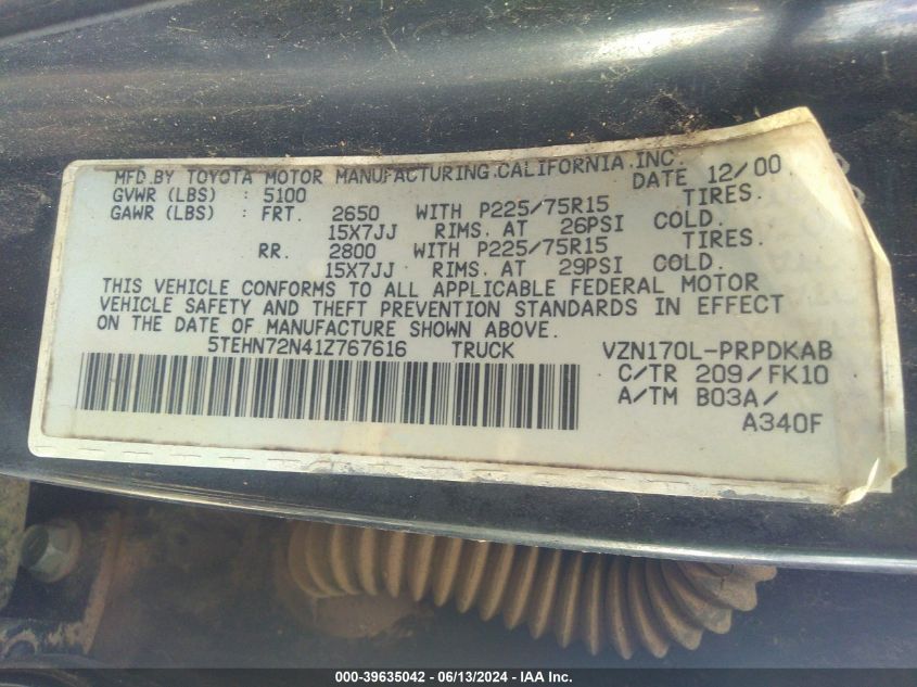 2001 Toyota Tacoma Base V6 VIN: 5TEHN72N41Z767616 Lot: 39635042