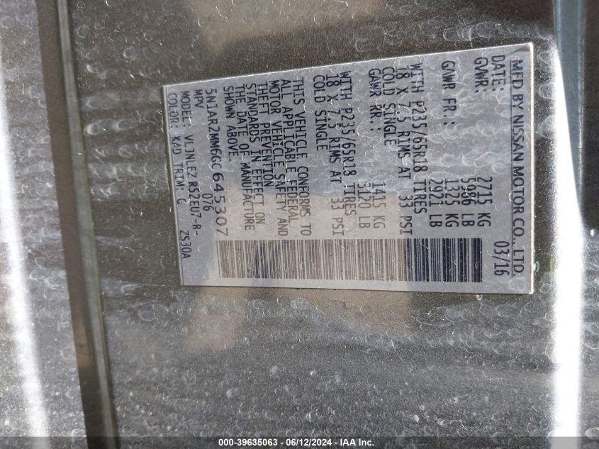 2016 Nissan Pathfinder Sv VIN: 5N1AR2MM6GC645307 Lot: 39635063