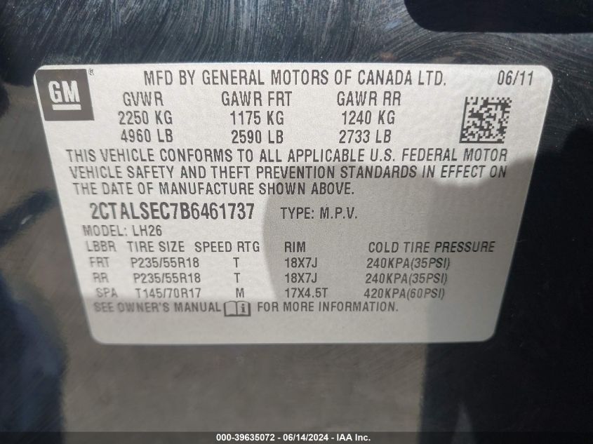 2011 GMC Terrain Sle-2 VIN: 2CTALSEC7B6461737 Lot: 39635072