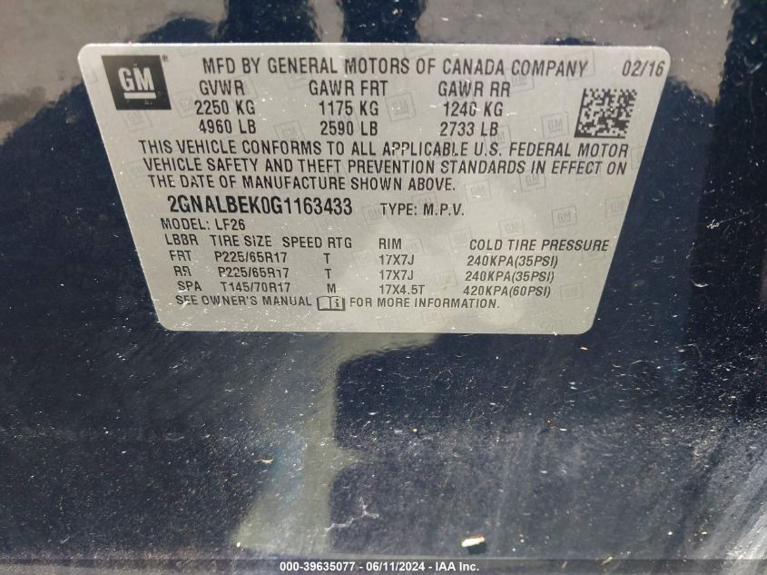 2016 Chevrolet Equinox Ls VIN: 2GNALBEK0G1163433 Lot: 39635077