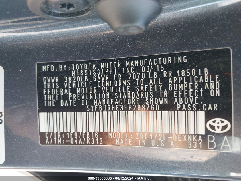 2015 Toyota Corolla Le VIN: 5YFBURHE3FP288760 Lot: 39635085