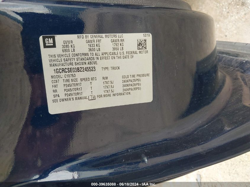 2011 Chevrolet Silverado 1500 Lt VIN: 1GCRCSE03BZ245523 Lot: 39635088