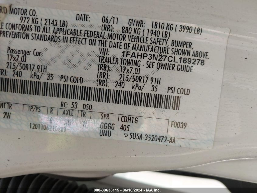 2012 Ford Focus Titanium VIN: 1FAHP3N27CL189278 Lot: 39635115