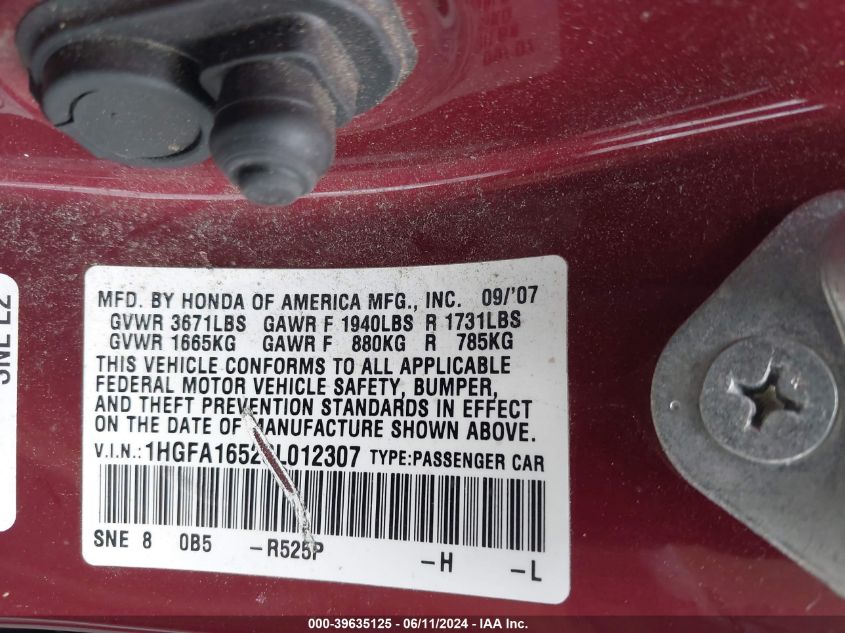 2008 Honda Civic Lx VIN: 1HGFA16528L012307 Lot: 39635125